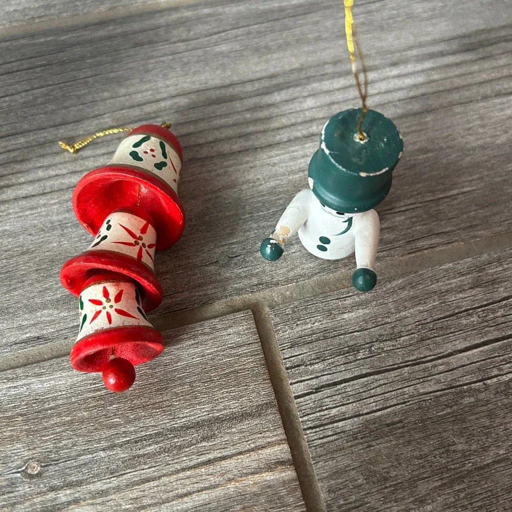 Vintage Wooden Christmas Ornaments Lot Santa Snowman Horse Gingerbread Man Bells